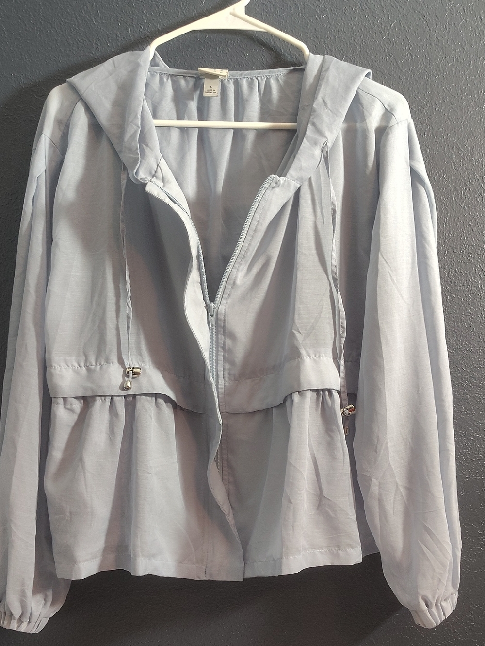 Shabby Chic Light Blue  Gray Hooded Drawstring Sheer Jacket